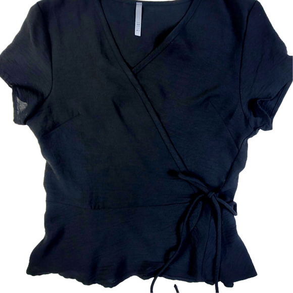 Jolie Tops - Jolie Short Sleeve Black Wrap Blouse SZ M